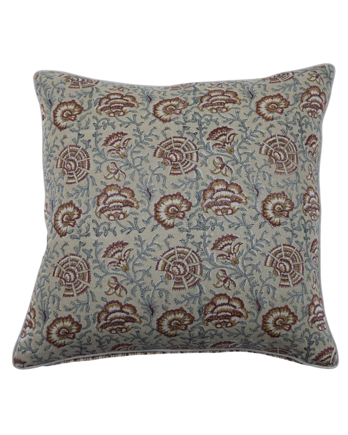 Block-printed floral Nisa Romesco pillow by Filling Spaces, 22x22, perfect for Sicily-inspired interiors.