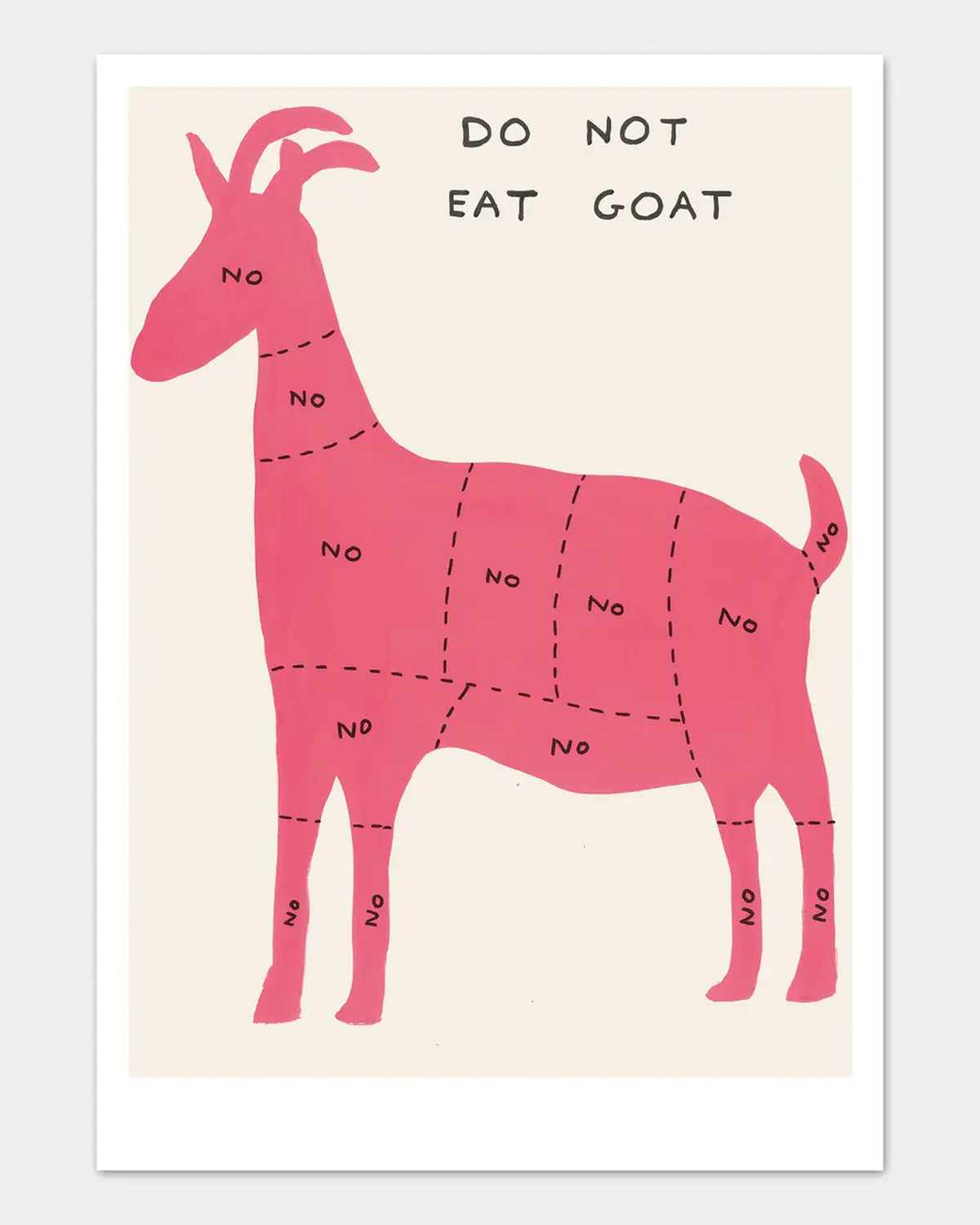 The Do Not Eat Goat Postcard by Faire features a pink goat with butcher-cut lines labeled “No” and the bold caption “DO NOT EAT GOAT”—a quirky, exclusive design reminiscent of David Shrigley postcards.