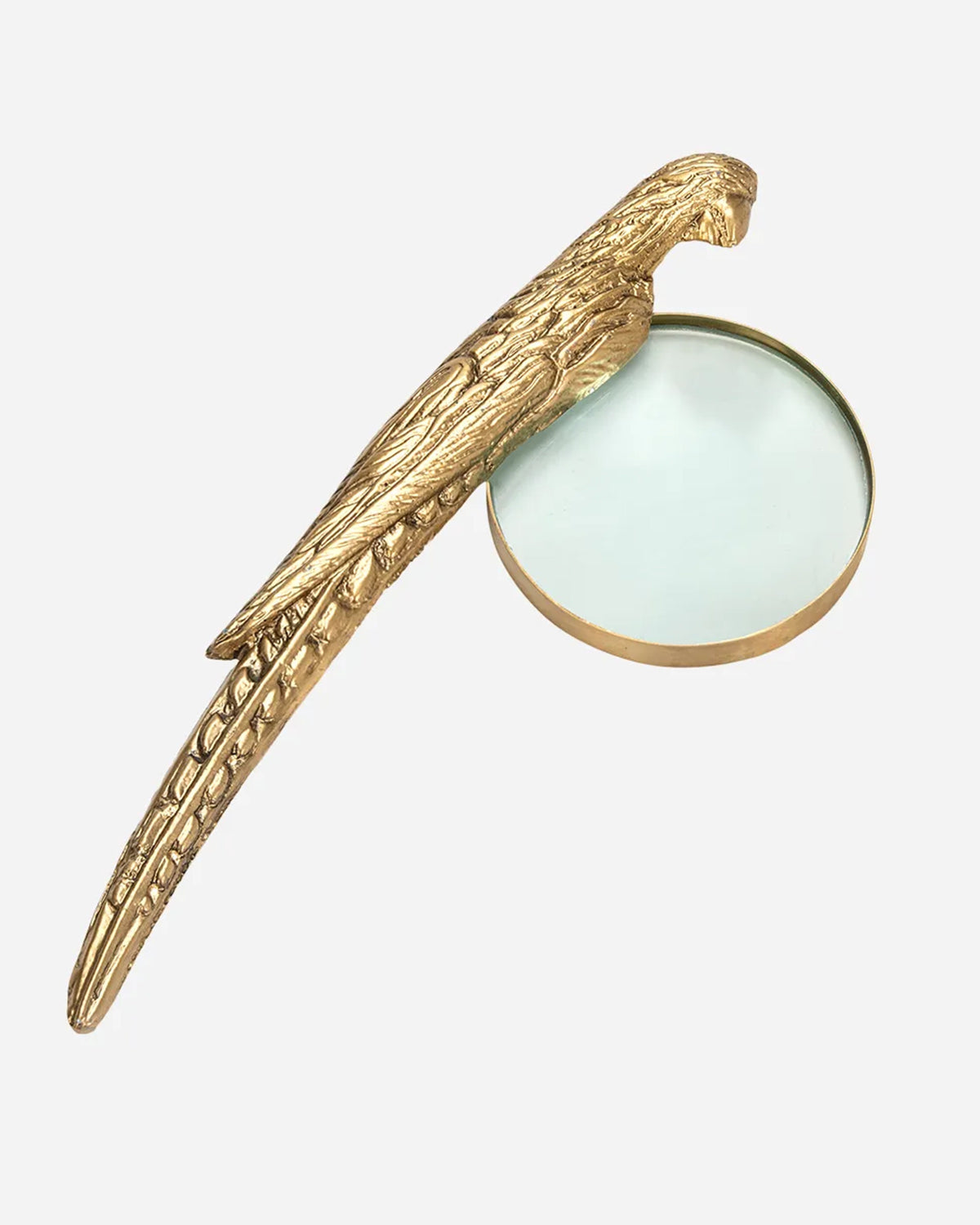 Gold-tone Norine magnifying glass with a long-tailed bird handle by Bungalow Furniture & Accessories.