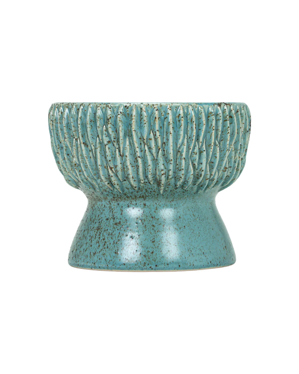 The Norlin Bowl by The Import Collection features a blue ceramic design with a ribbed upper half, smooth flared base, and speckled finish—perfect as a decorative accent or for stylish tabletop displays.