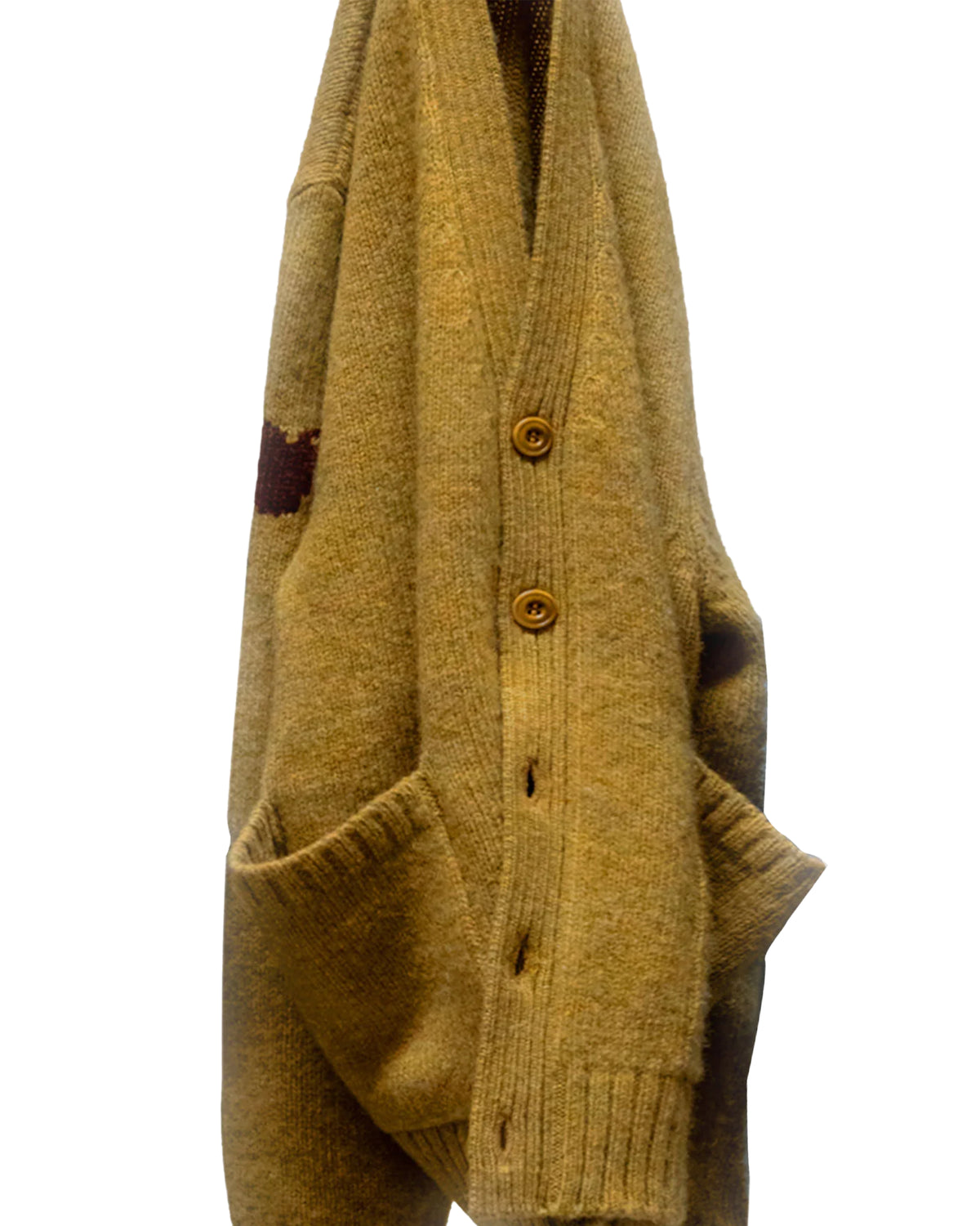 SuperYumm golden yellow Norwegian wool pocket cardigan with large front pockets and dark sleeve patch.
