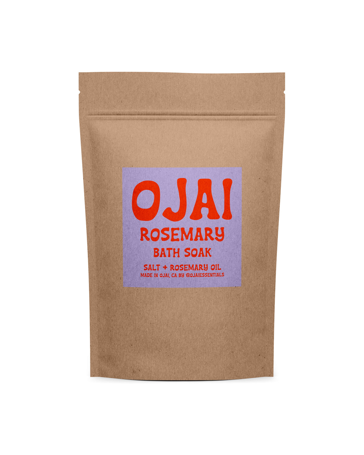 A brown pouch with a purple label reads "Ojai Rosemary Bath Salts" by Faire—salt and rosemary oil blend for relaxing self-care soaks, crafted in Ojai, CA. Bold red and orange lettering adds a soothing touch.