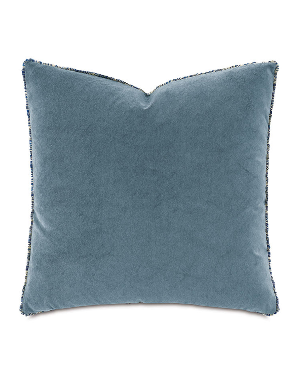 The Eastern Accents Ojai Velvet 27x27 is a square, plush throw pillow with soft blue fabric and textured edging, inspired by bohemian style, shown against a white background.