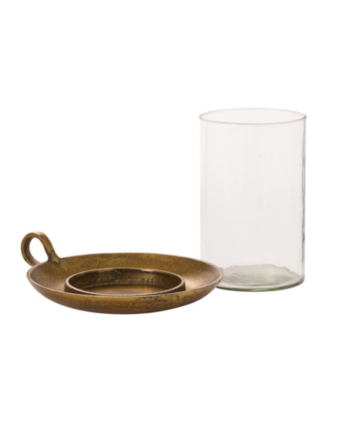 Clear glass cylinder candle holder with brass tray by Accent Decor, elegant for holiday décor at Bungalow Furniture.