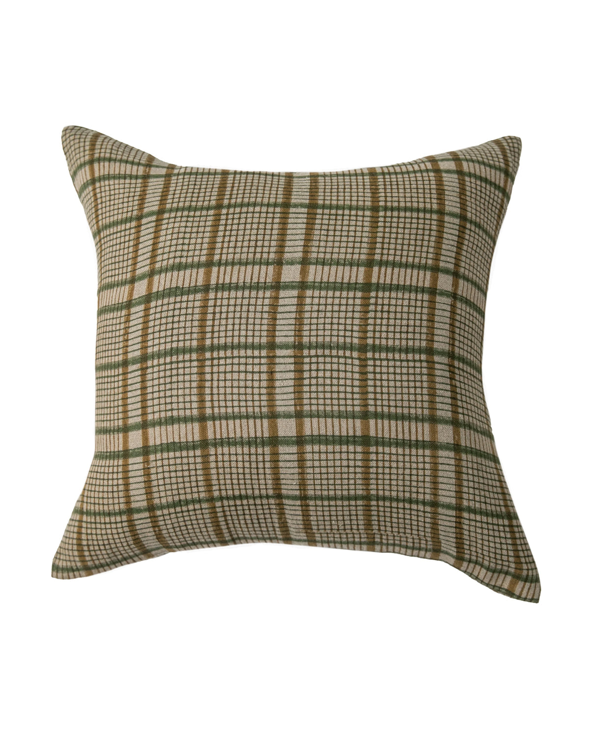 The Crossroads Olive 24X24 Pillow by Filling Spaces LLC features a plaid crossroad design in brown, green, and beige on natural linen with a white background.