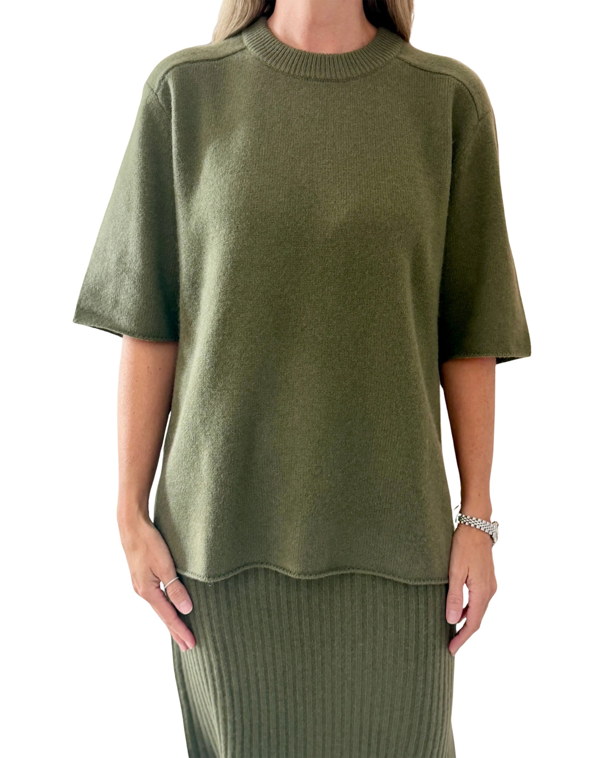 Olive green oversized cashmere tee with a crew neckline and short sleeves from Bungalow Furniture & Accessories.
