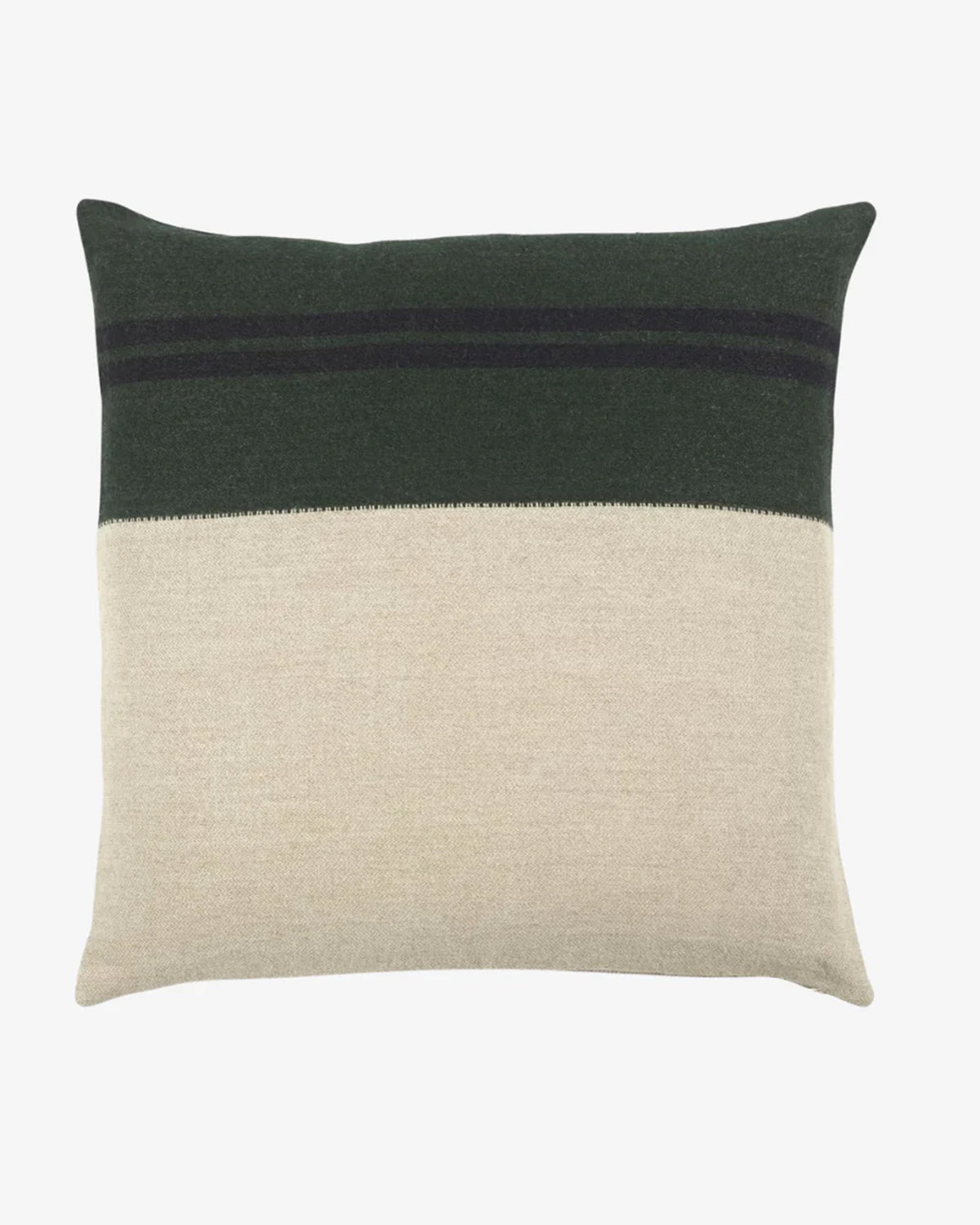 Square pillow with green top, black stripes, and beige base by Libeco Home, made from European flax linen.