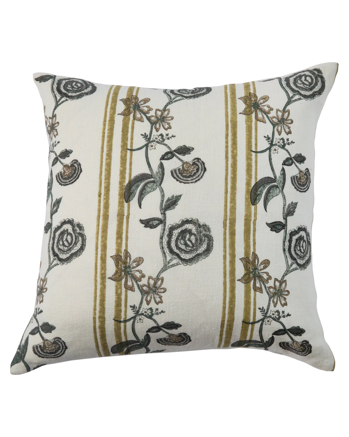 The Ora Azur on White 22x22 pillow by Filling Spaces LLC features a white linen base with vertical gold stripes and a black and gold rose floral pattern.