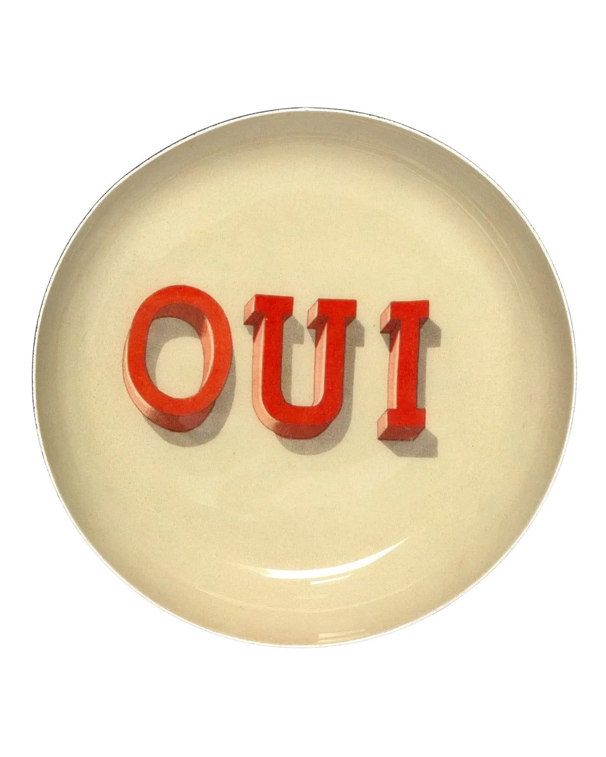 Beige enamel tray with bold red OUI lettering, Faire, Round Enamel Tray Oui, decorative accent for the home.