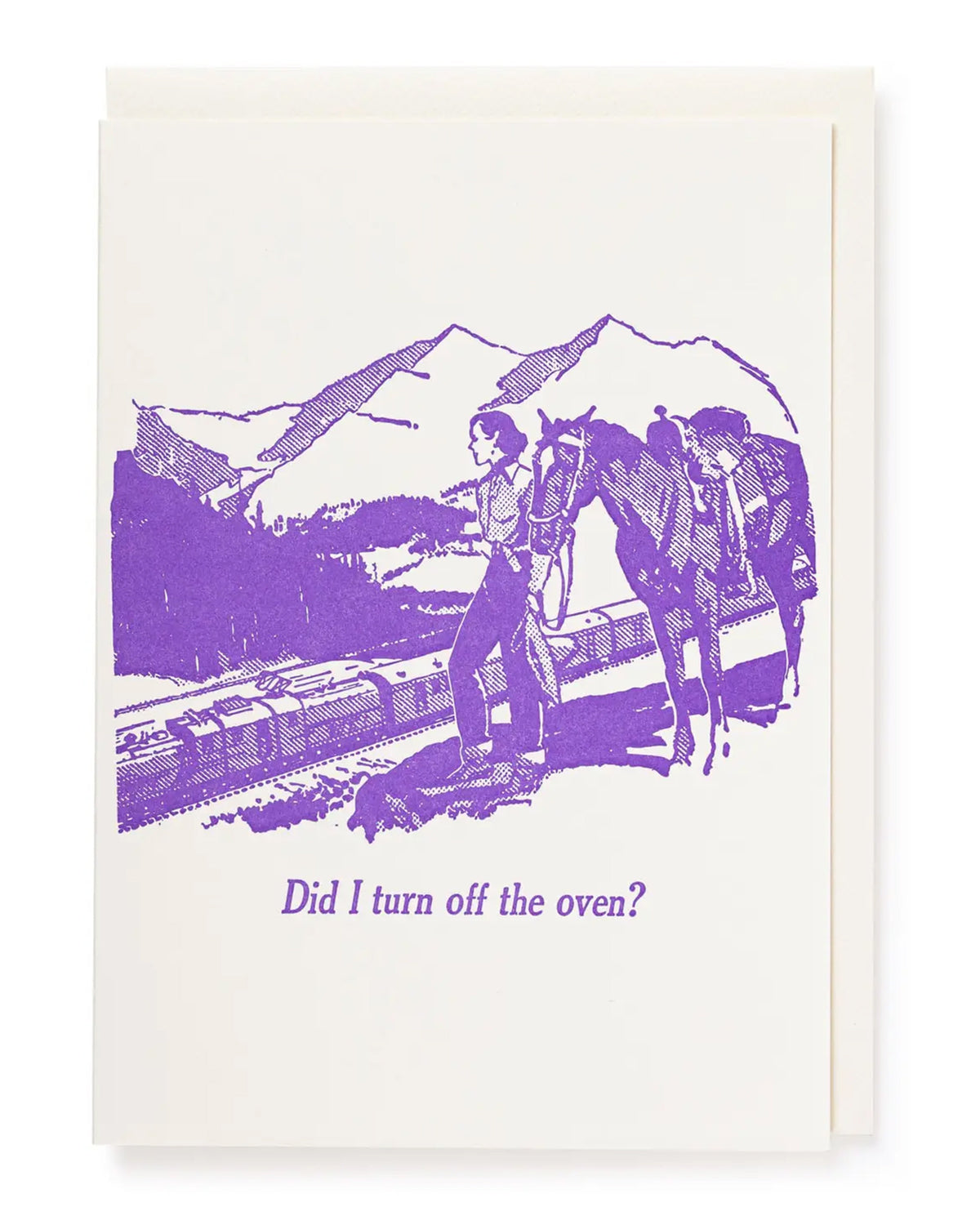 The Faire Cooker Off? Card features a witty purple illustration of a thoughtful person with a horse in the mountains, plus the text: "Did I turn off the oven?.