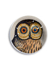 Owl paperweight with colorful eyes and brown feathers, Faire Owl Crystal Dome, glass decor for office or study.