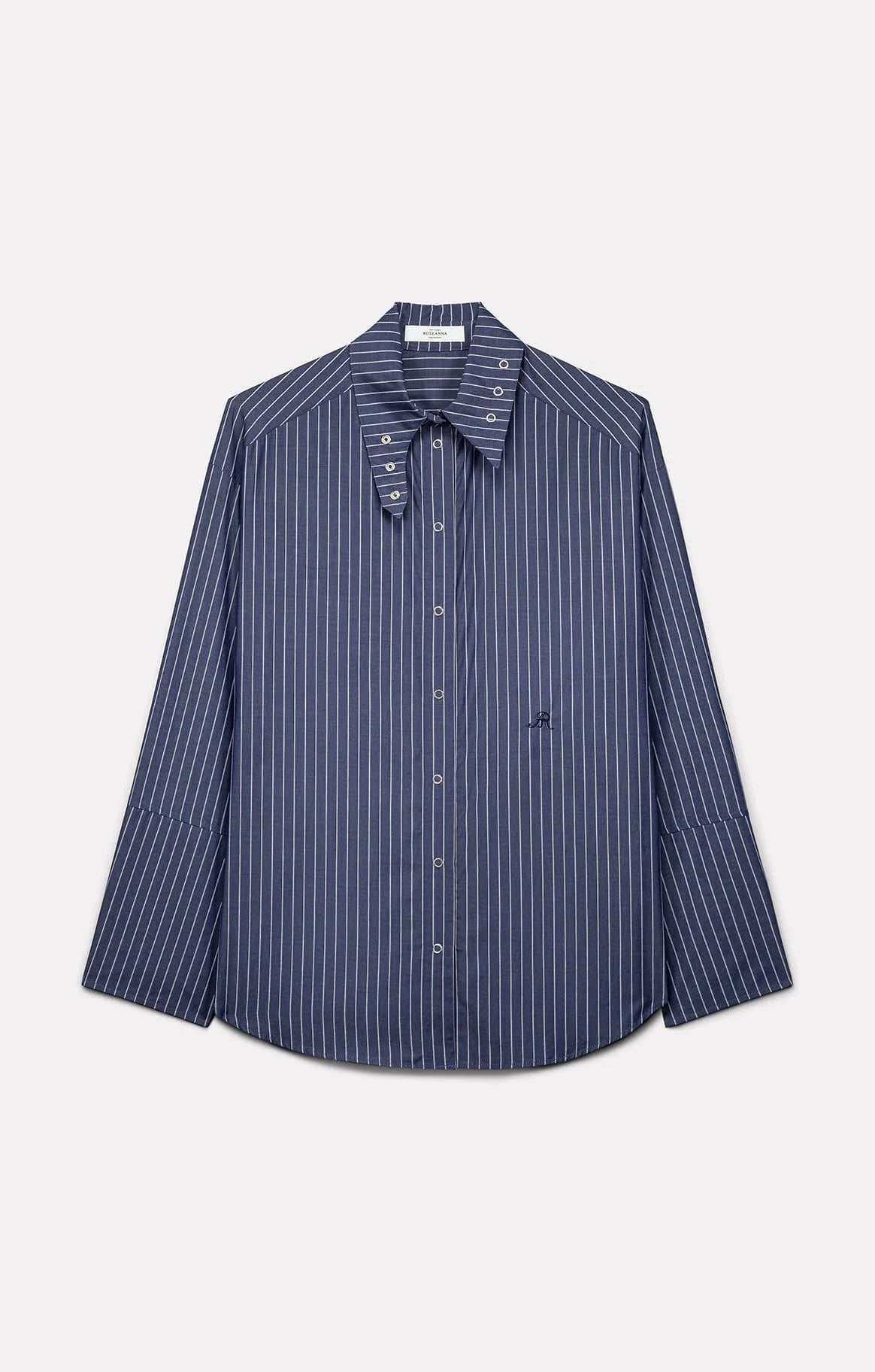 Roseanna Chemises loose-fit pinstriped shirt featuring a stand-up collar with silver buttons and an embroidered logo.