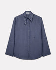 Roseanna Chemises loose-fit pinstriped shirt featuring a stand-up collar with silver buttons and an embroidered logo.