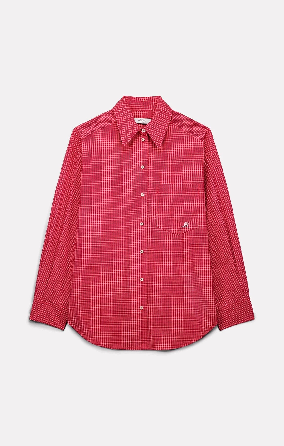 Loose-fit red grid-pattern shirt with stand-up collar and embroidered pocket by Roseanna.