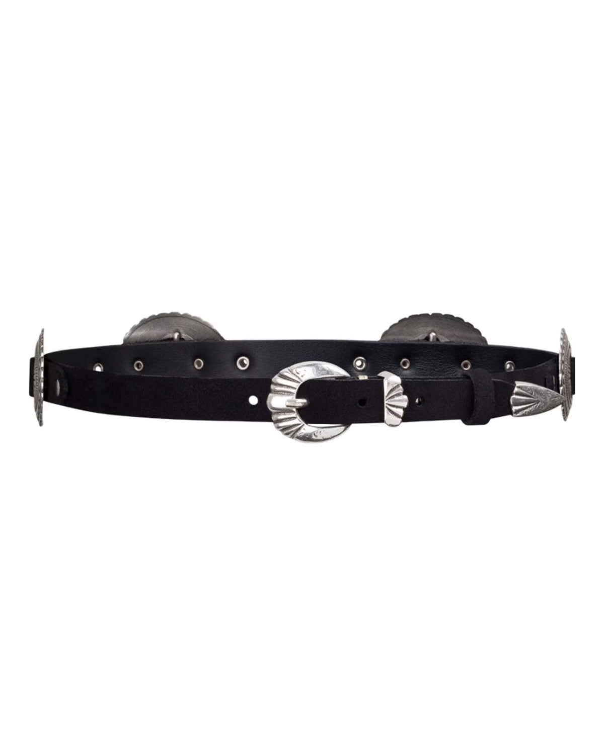 Black leather belt with silver conchos and buckle, B.Belt Pansy 20mm, classic style at Bungalow Furniture &amp; Accessories.