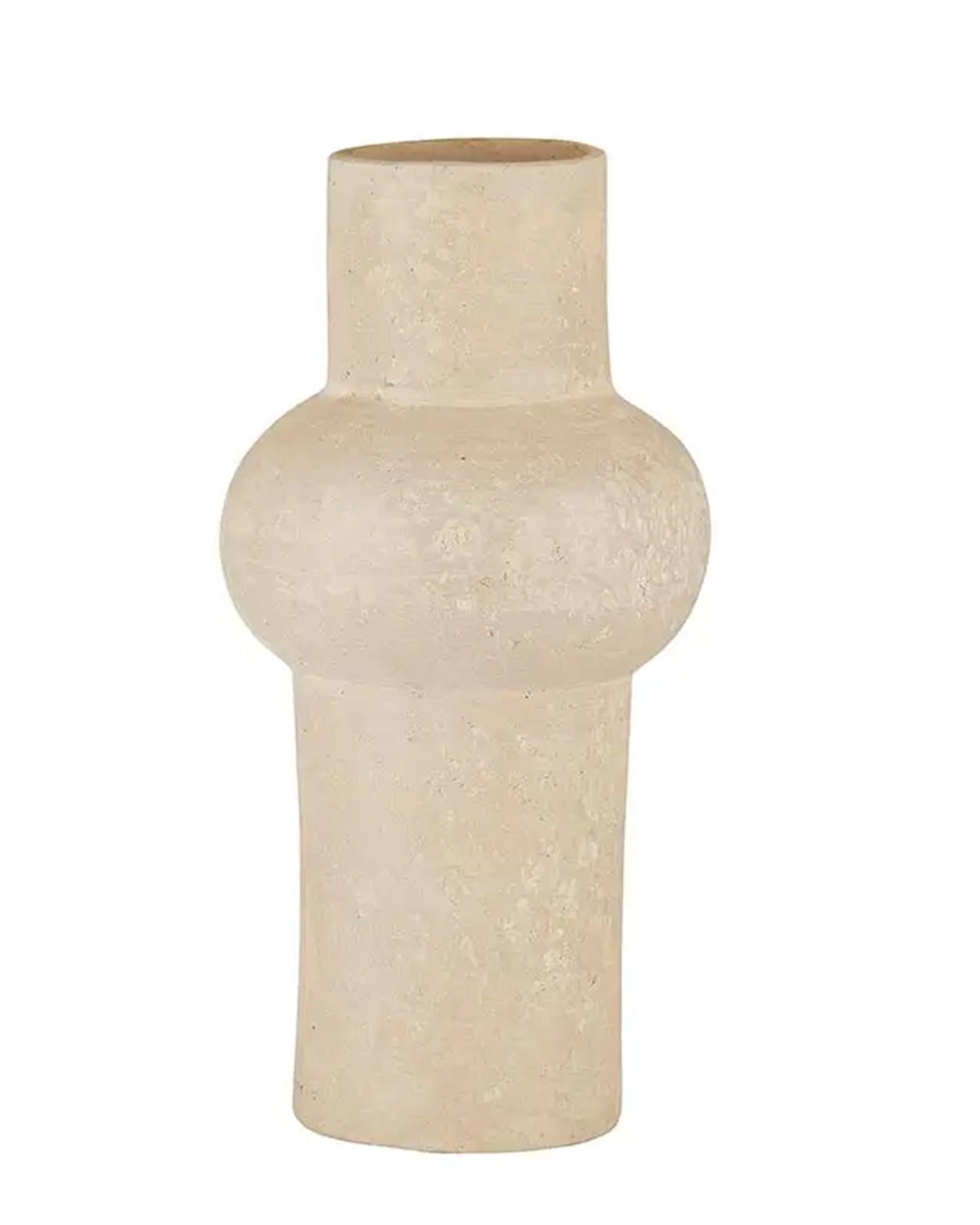 Large beige paper mache vase with round middle, cylindrical top and base by Faire for Bungalow Furniture & Accessories.