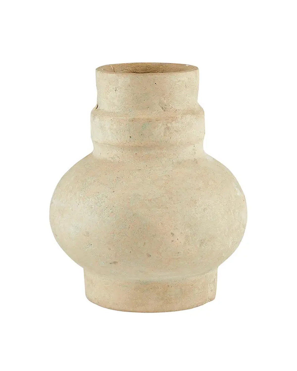 Beige round paper mache vase with narrow neck, textured finish by Faire for Bungalow Furniture & Accessories.