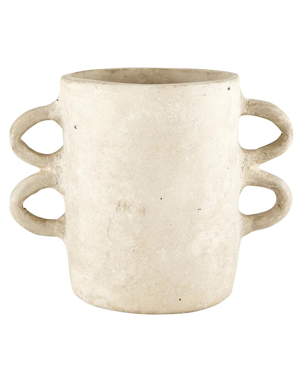 Textured natural paper mache vase with four loop handles, by Faire, decor for modern living or dining rooms.
