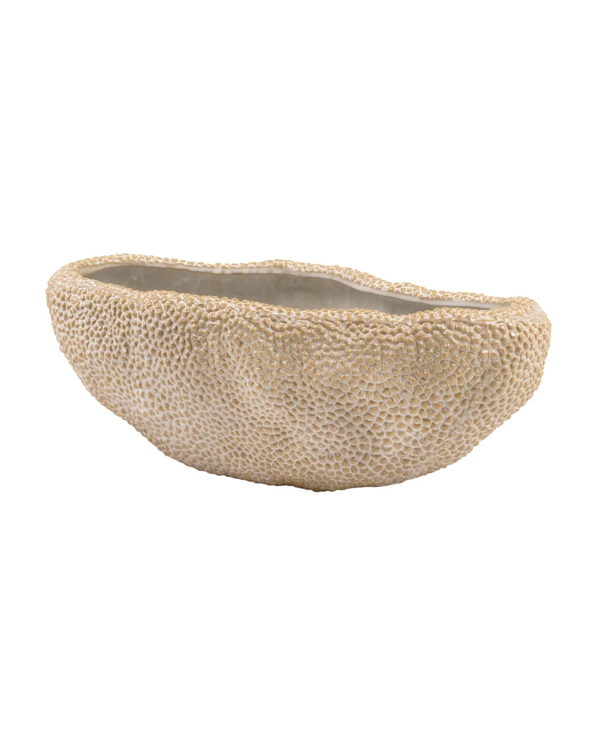 Paprika Centerpiece tan ceramic tray with textured pebbled exterior and smooth white interior by Bungalow.