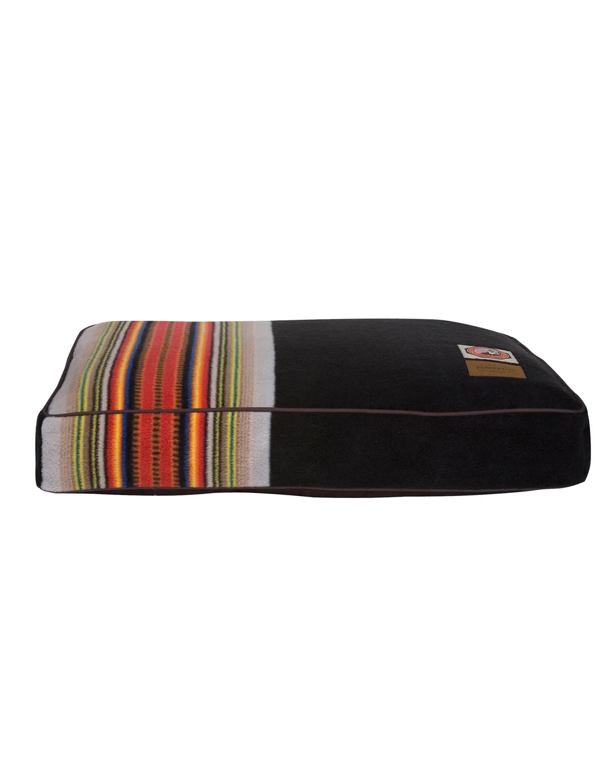 Pendleton Acadia National Park fleece dog bed in small, featuring a black fleece top and striped pattern.
