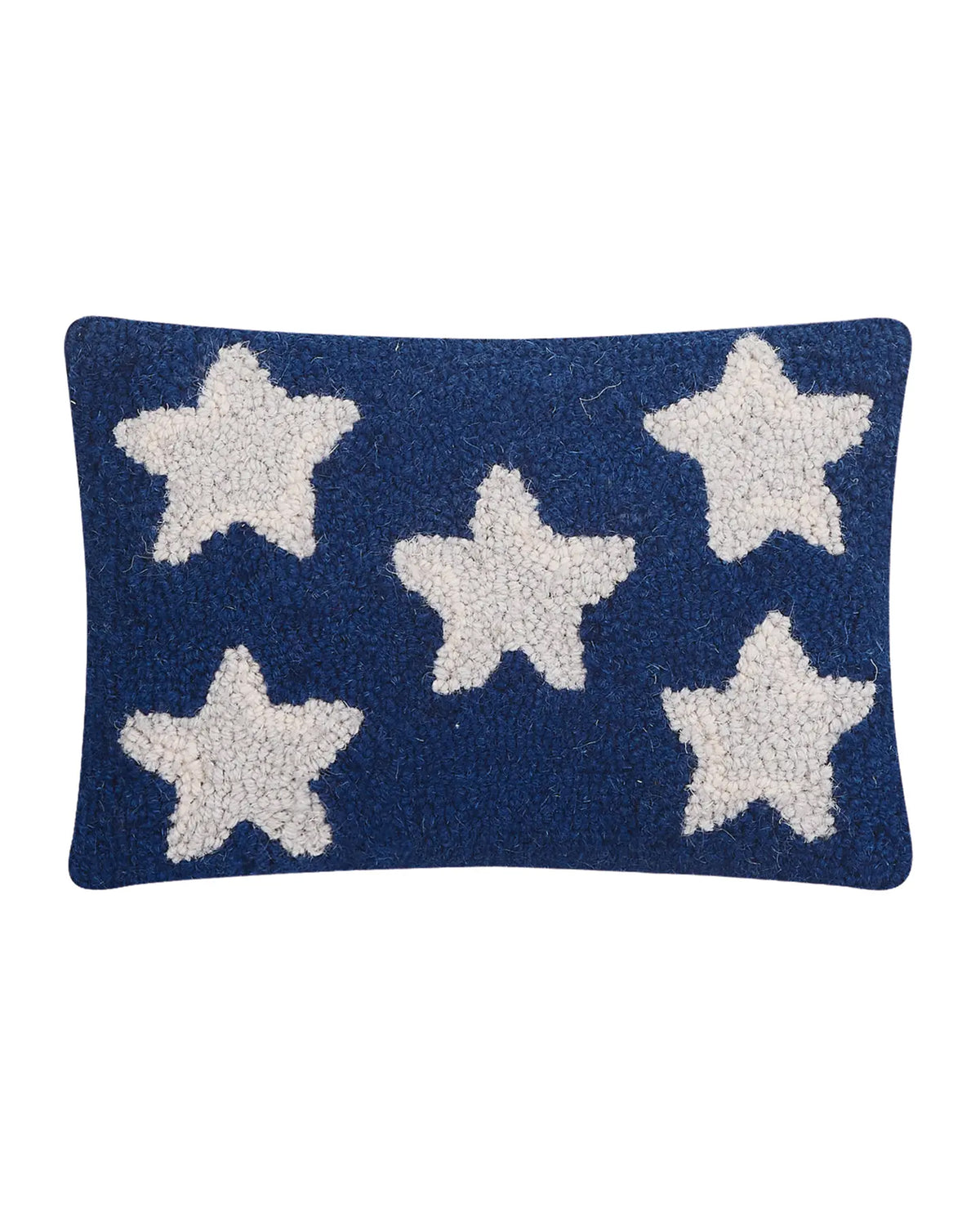 The Faire Patriotic Stars Pillow is a rectangular blue wool hooked pillow with five white textured stars, perfect as a festive throw for 4th of July celebrations.