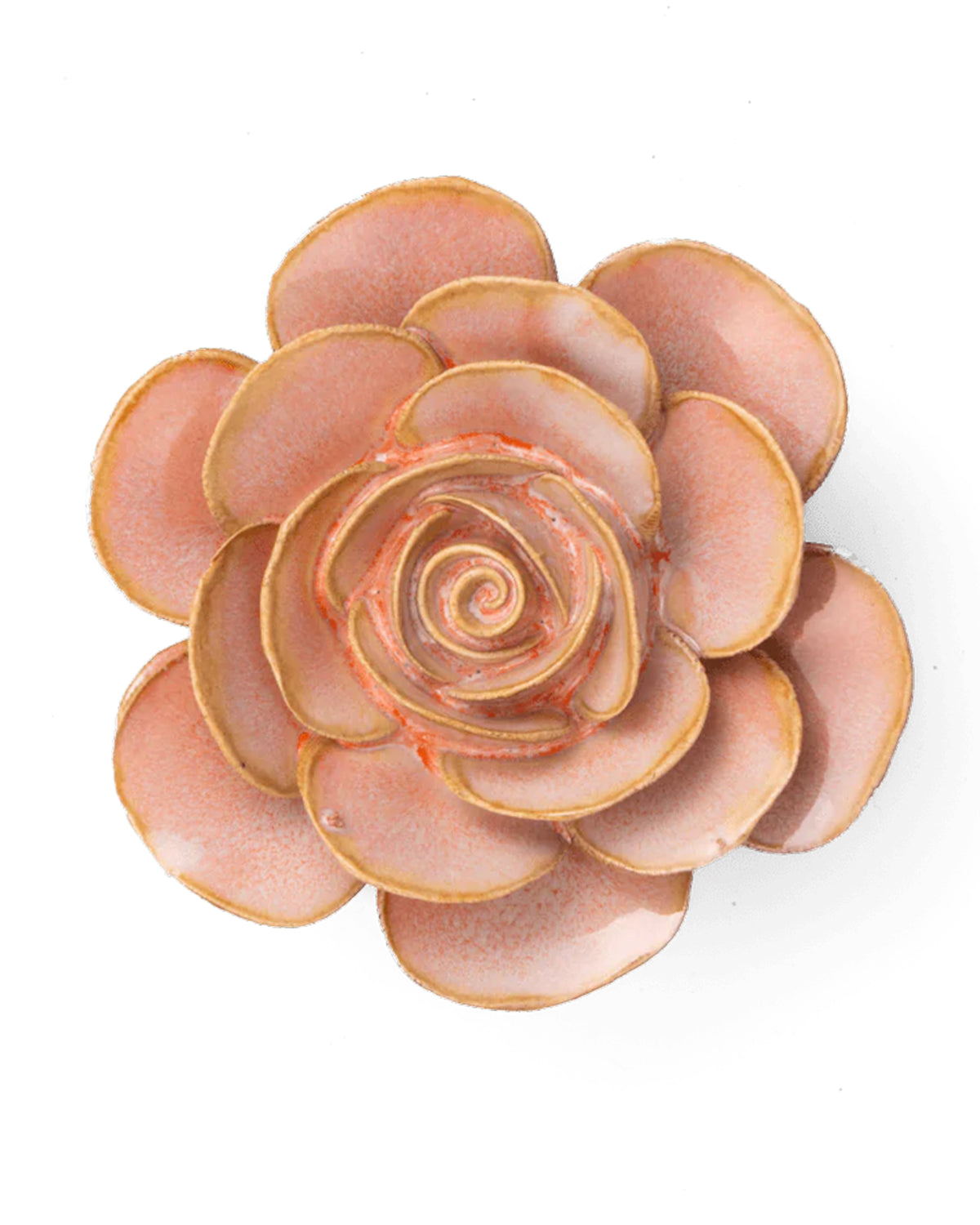 The Faire Peach Pink Cloni Ranunculus is a ceramic flower sculpture with glossy, spiraled petals, perfect for personalized floral gifts and stunningly displayed against a white background.