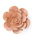 The Faire Peach Pink Cloni Ranunculus is a ceramic flower sculpture with glossy, spiraled petals, perfect for personalized floral gifts and stunningly displayed against a white background.