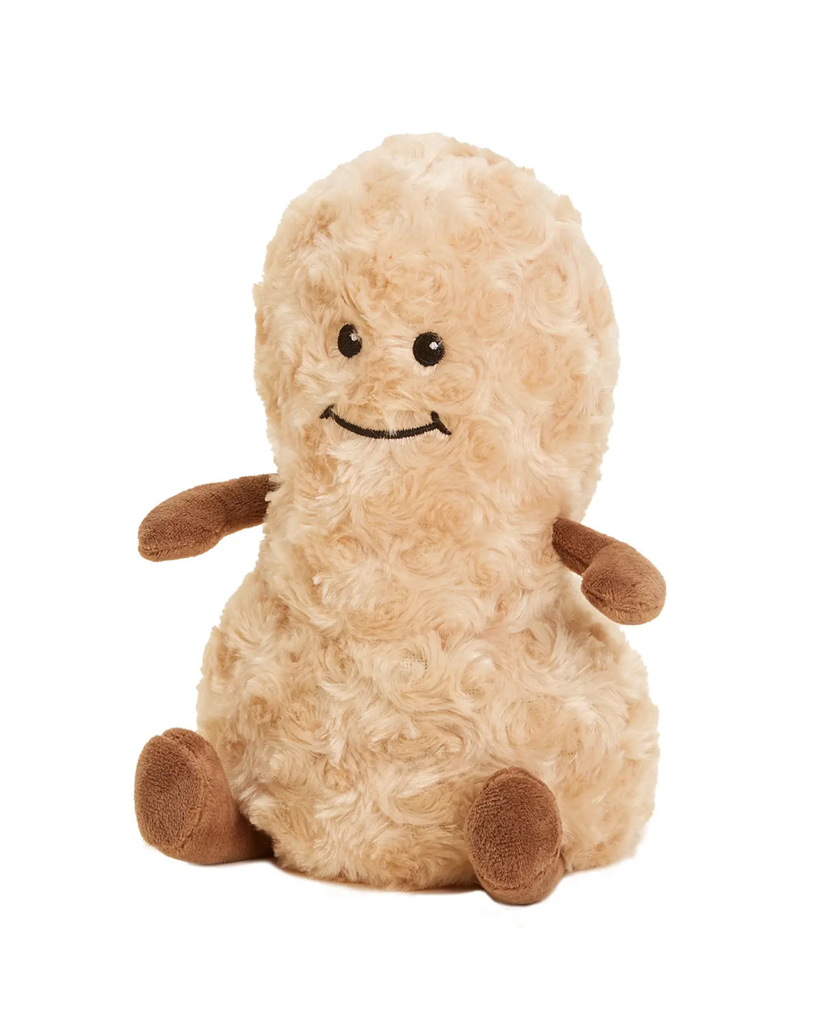 The Faire Peanut Warmies is a microwavable plush toy with curly beige fur, brown arms and legs, black eyes, and a stitched smile—perfect for adding soothing warmth and comfort to every cuddle.