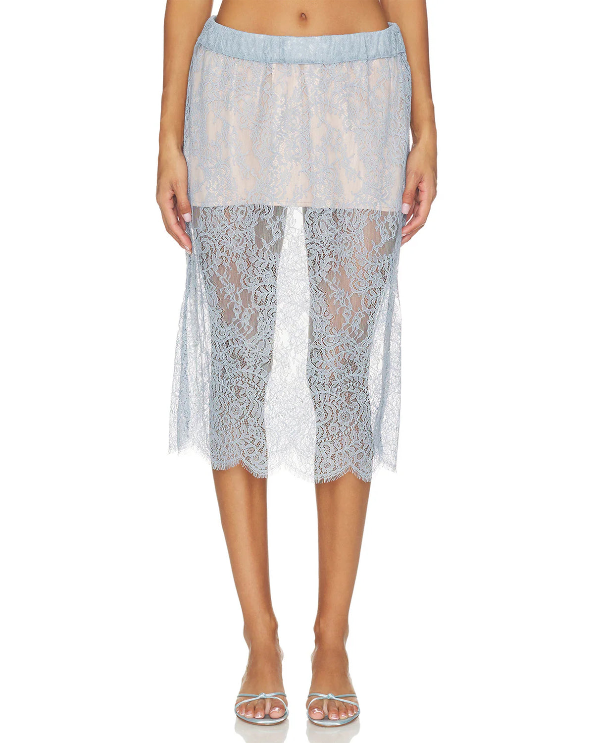 Light blue lace midi skirt with scalloped hem and elastic waistband from Cissa, The PENCIL Skirt.