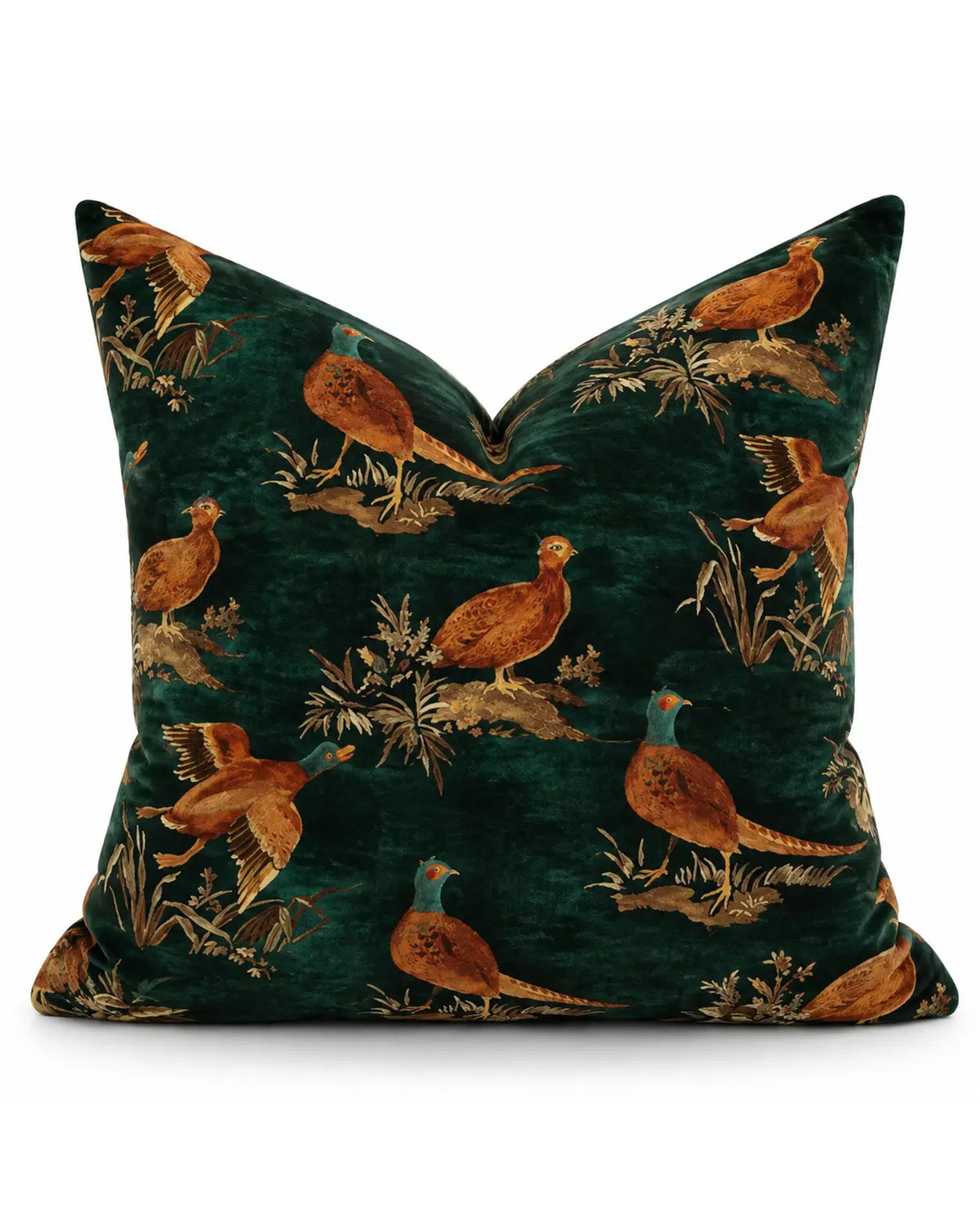 Dark teal velvet square pillow featuring a pheasant-in-grass pattern by Bungalow Furniture &amp; Accessories.