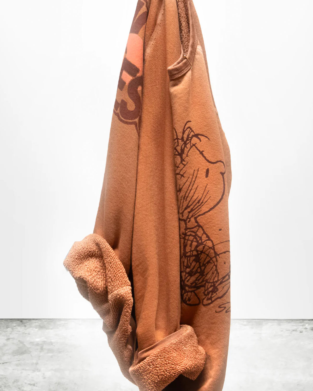 The Free City (sparrow, LLC) BasicGoodness Schulz Raglan, a vintage unisex sweatshirt made in the USA, hangs on a white wall with loosely draped raglan sleeves and a playful cartoon print visible.