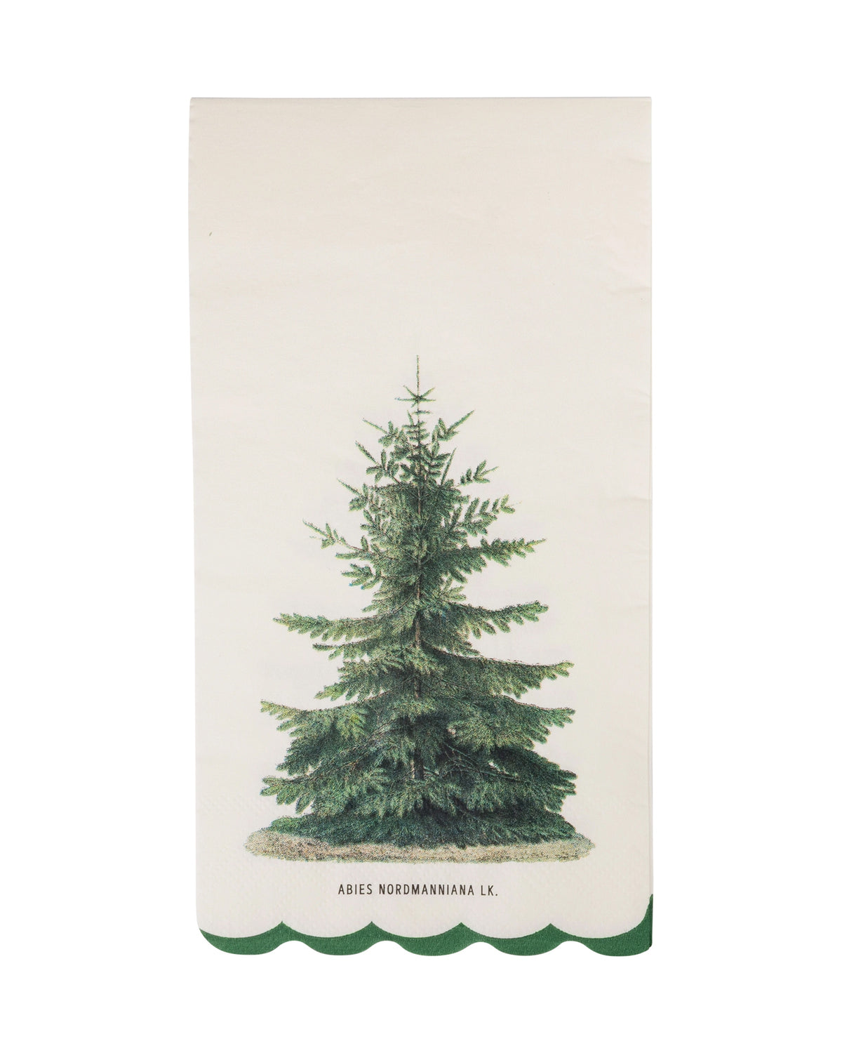 Vintage Christmas tree dinner napkins with scalloped edges and Abies nordmanniana Lk. text from Bungalow Furniture.