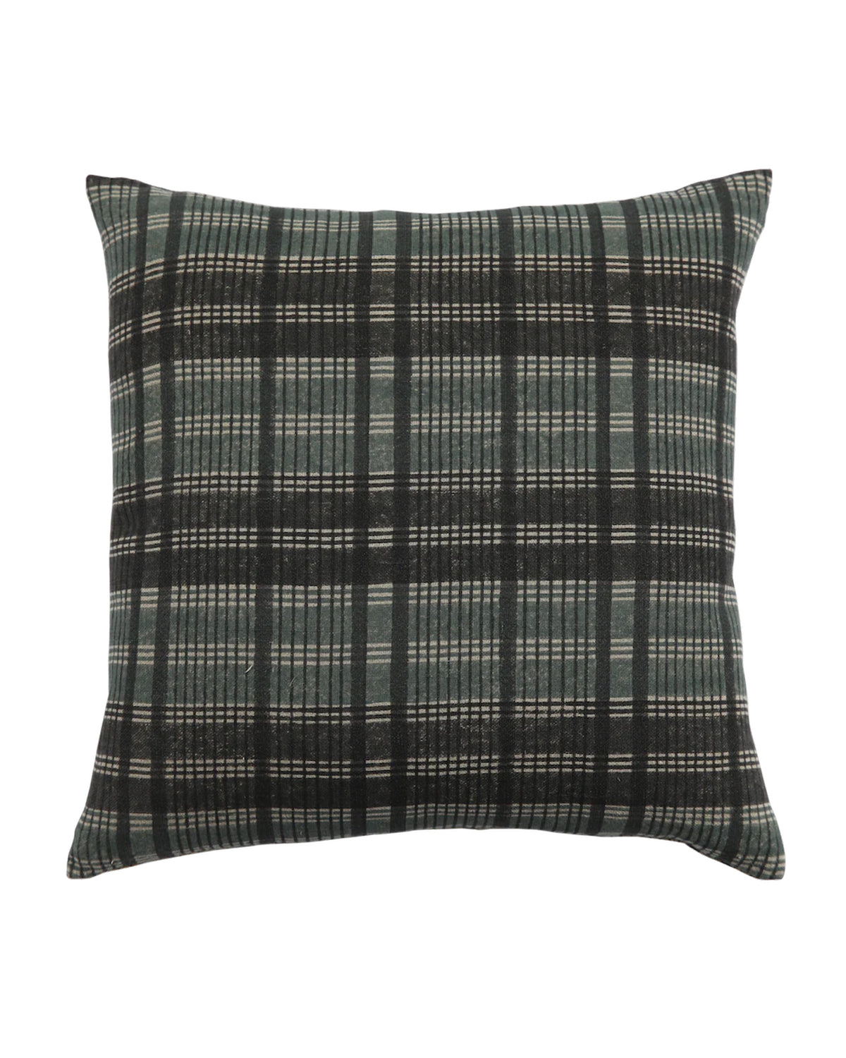 The Plaid Graphite 24x24 pillow by Filling Spaces LLC features a stylish plaid pattern in black, dark gray, and off-white—perfect for adding texture to your space.