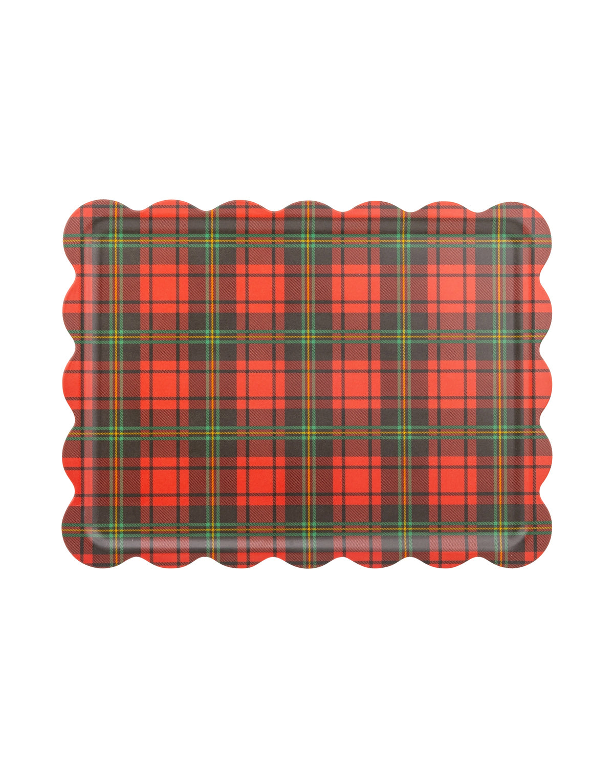 Rectangular scalloped bamboo tray in red, black, and green plaid, 12″ x 16″, by Bungalow Furniture & Accessories.