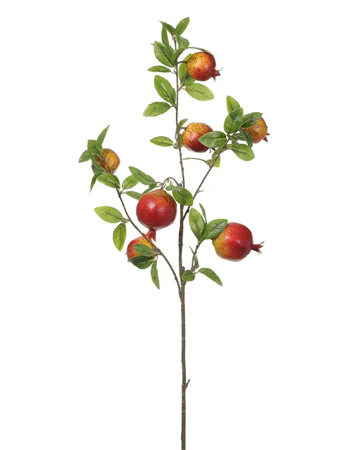 38″ Faux Red Pomegranate stem with red fruit and green leaves on a thin brown branch from Bungalow Furniture &amp; Accessories.