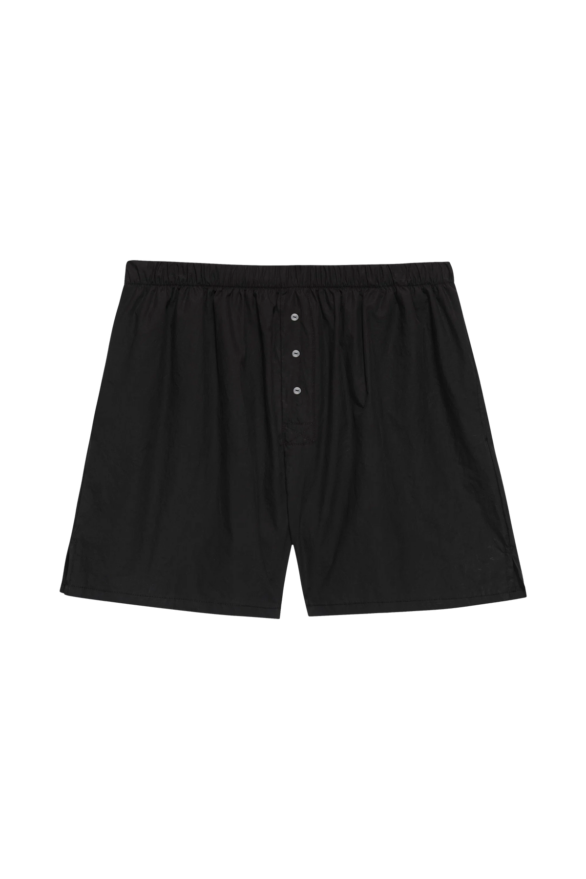 The Pop Boxer by Donni: men's lightweight black boxers made in Los Angeles with an elastic waistband and buttoned fly, shown on a plain white background.