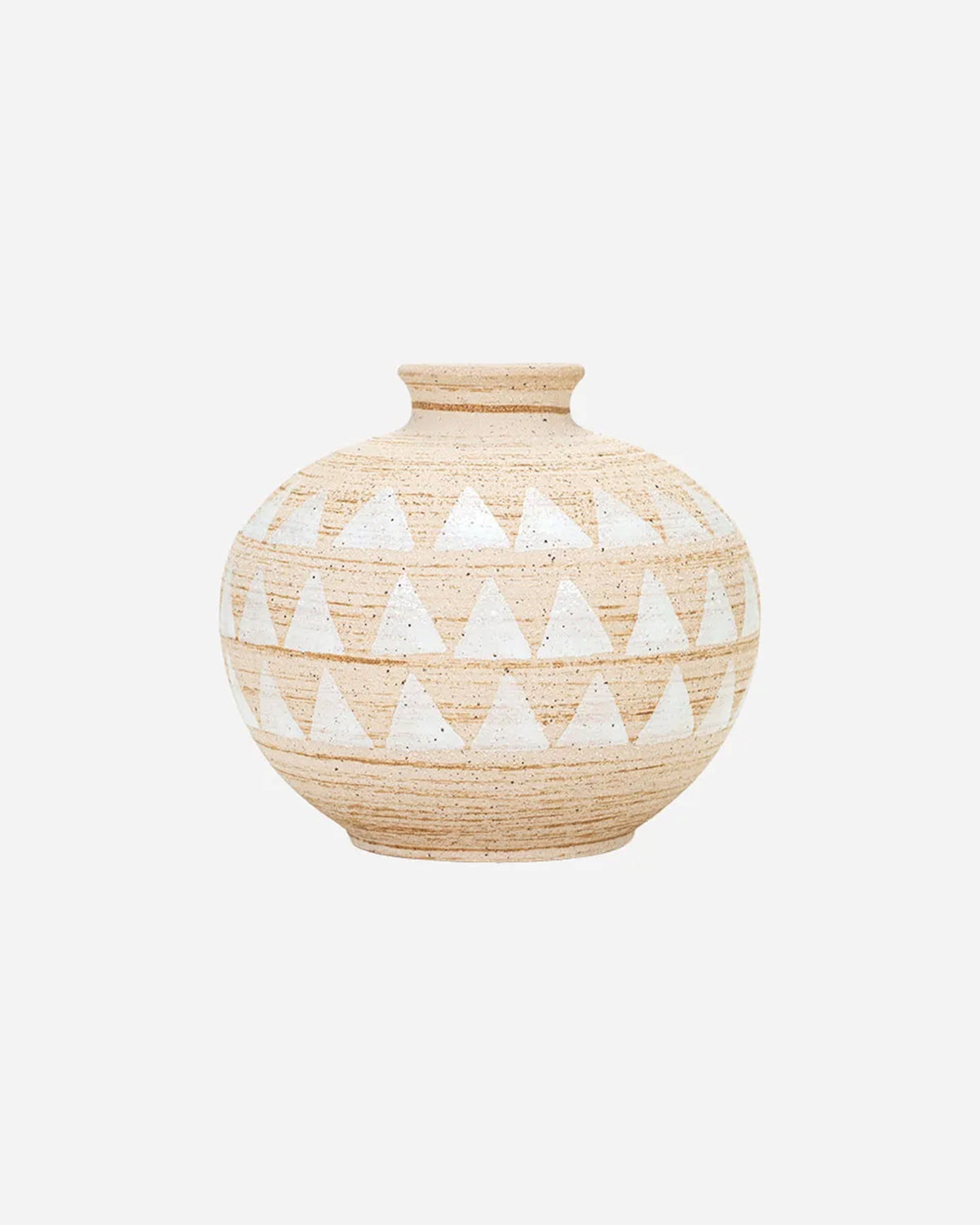 The Presden Short Vase by The Import Collection is a round, beige ceramic piece with a narrow neck and white triangles in horizontal rows, featuring a textured natural finish that highlights modern design.