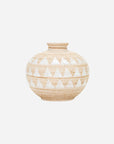 The Presden Short Vase by The Import Collection is a round, beige ceramic piece with a narrow neck and white triangles in horizontal rows, featuring a textured natural finish that highlights modern design.