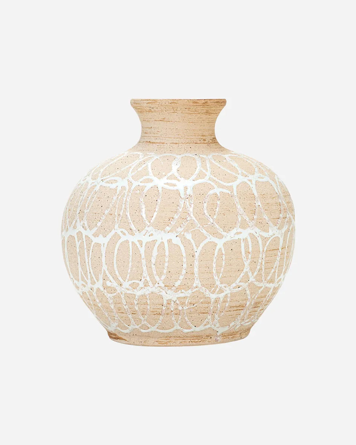 The Import Collection’s Presden Tall Vase is a round beige stoneware vessel with a narrow neck and textured surface featuring white circular patterns, ideal for modern decor. Shown against a plain white background.