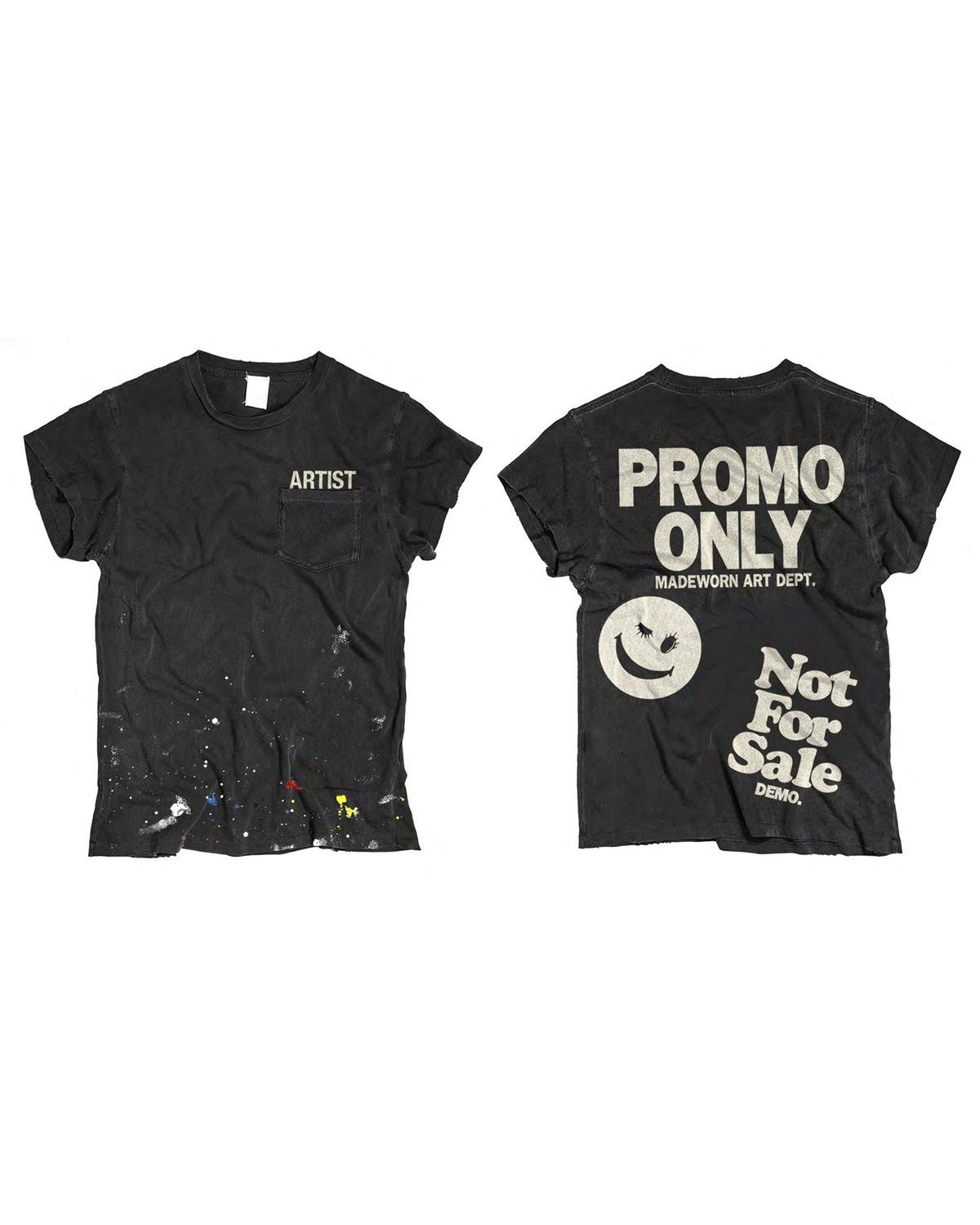 Two black Made Worn Artist Promo Pocket Tees with hand-painted splatters, "ARTIST" on the chest pocket, and back graphics: "PROMO ONLY," "MADEWORN ART DEPT.," "Not For Sale DEMO," and a bold smiley face.