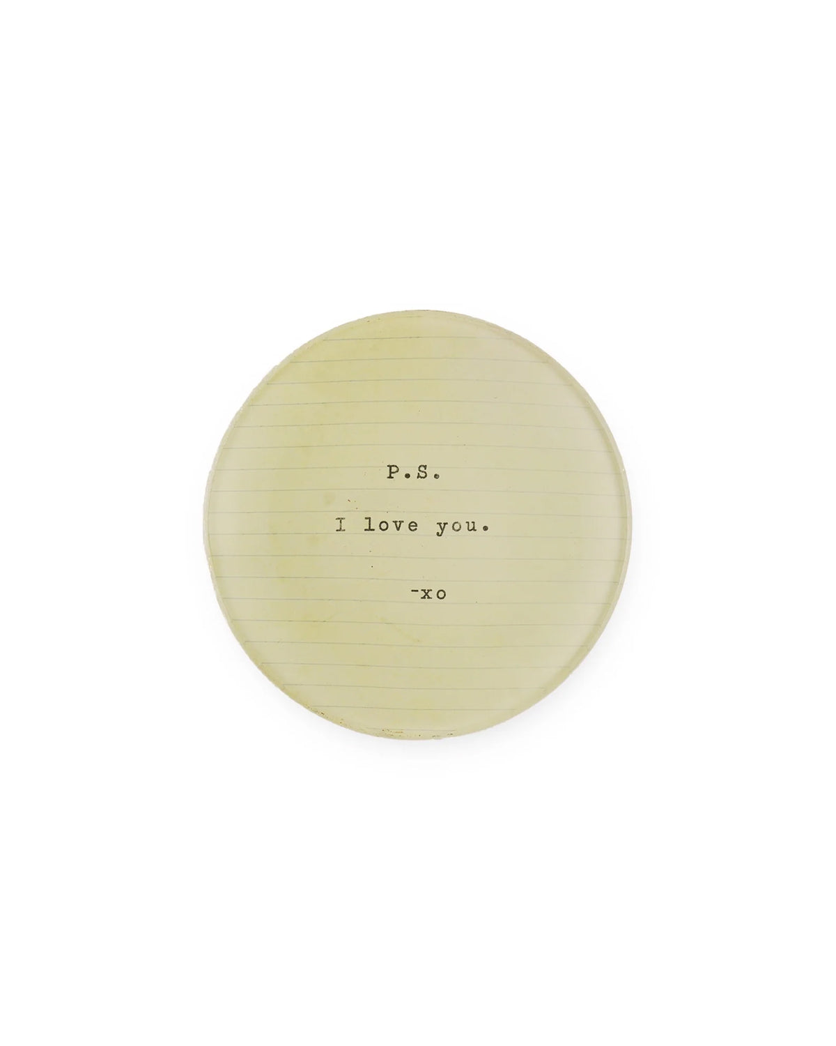 White round plate with notepad-style design from Sugarboo Designs, PS I Love You, a charming decorative accent piece.