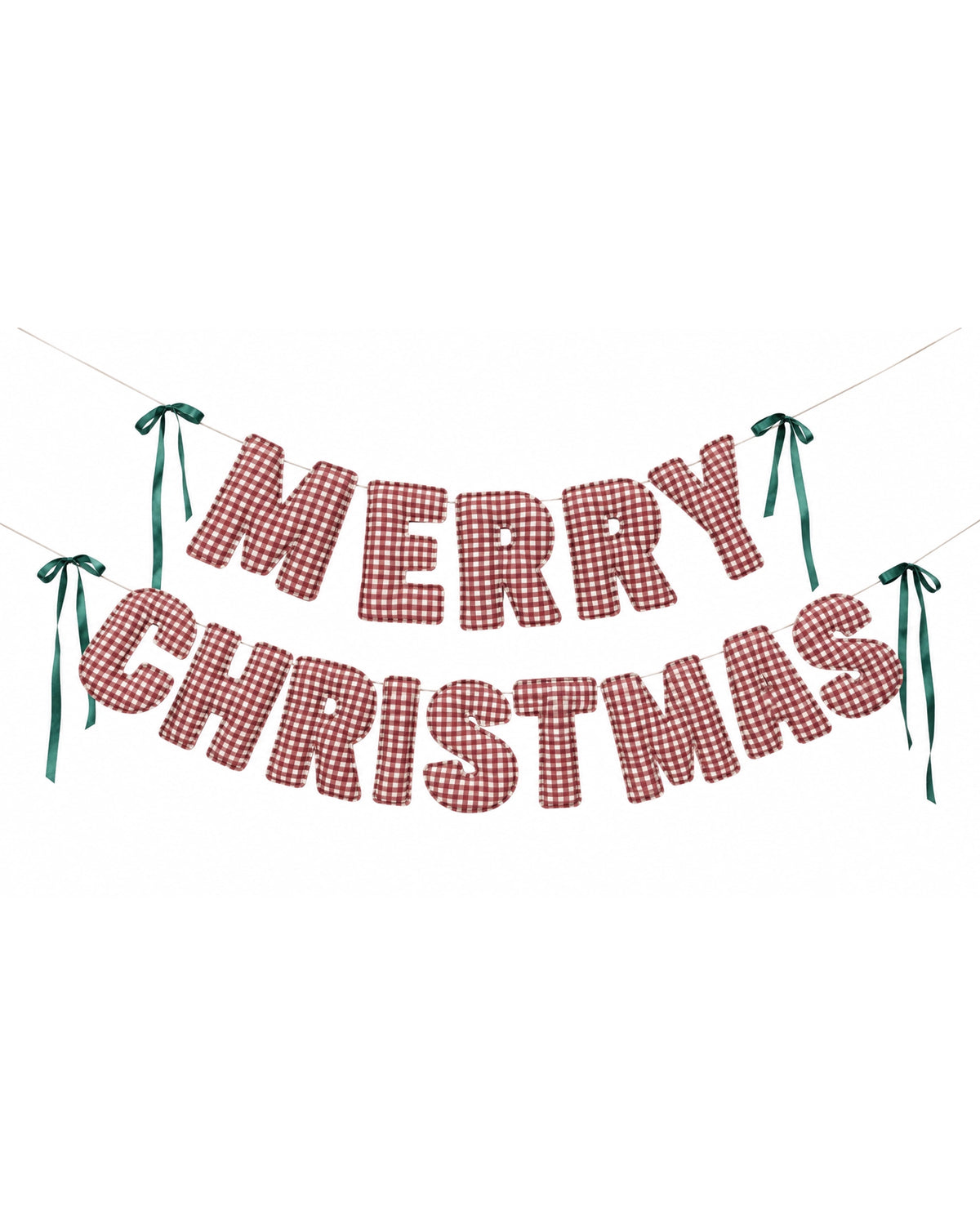 Merry Christmas fabric banner with red and white gingham letters and green ribbon accents by Bungalow.