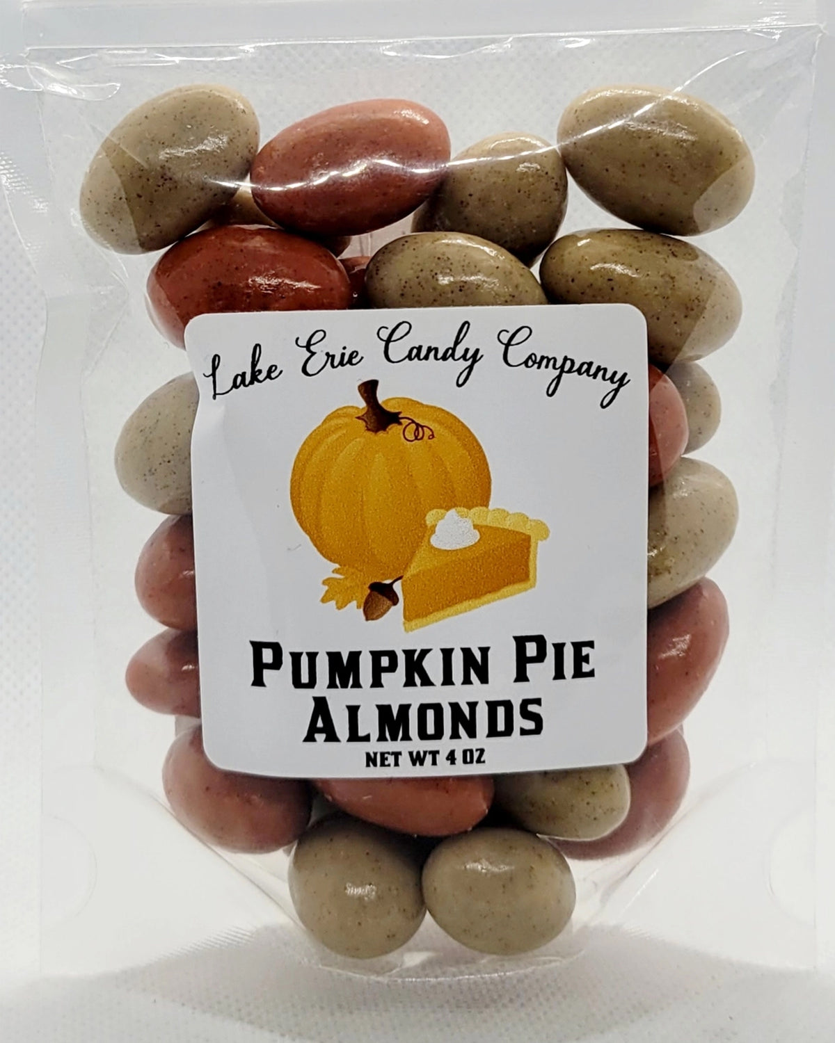 Pumpkin Pie Almonds in a clear bag with pumpkin and pie slice label graphic.