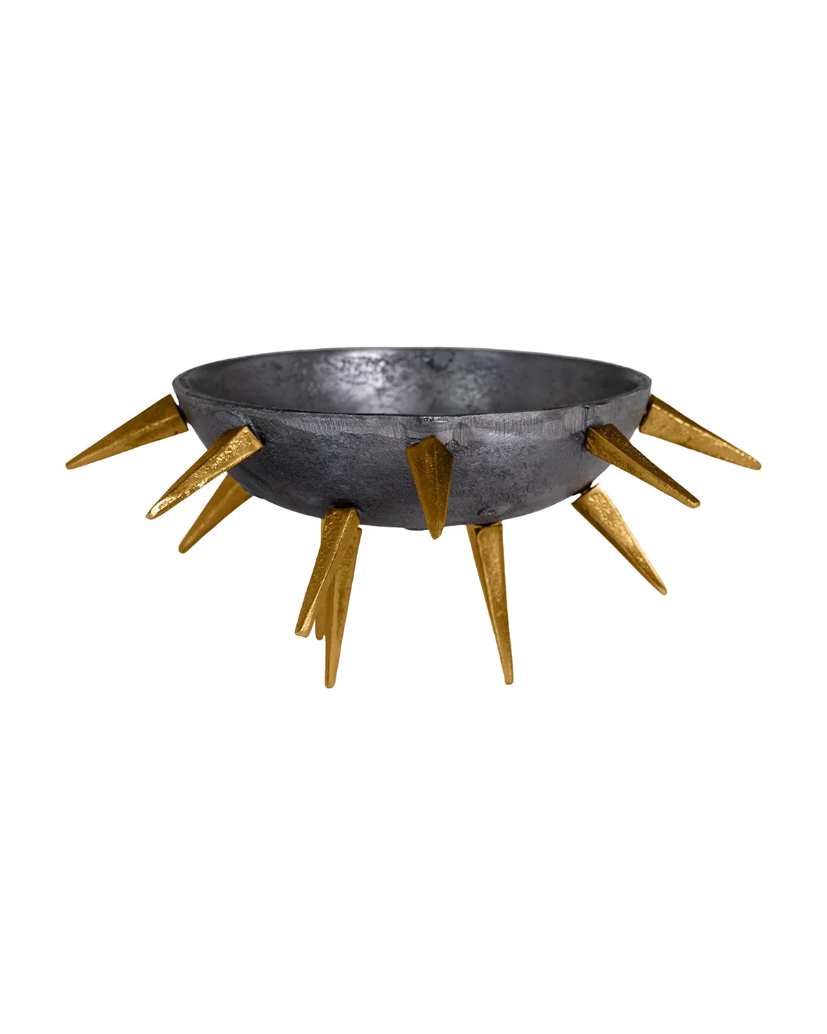 The Import Collection's Punk Centerpiece is a round, metallic aluminum bowl with a dark finish and gold spikes around the rim, creating an industrial chic look. Perfect as a striking decorative accent. White background.
