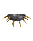 The Import Collection's Punk Centerpiece is a round, metallic aluminum bowl with a dark finish and gold spikes around the rim, creating an industrial chic look. Perfect as a striking decorative accent. White background.