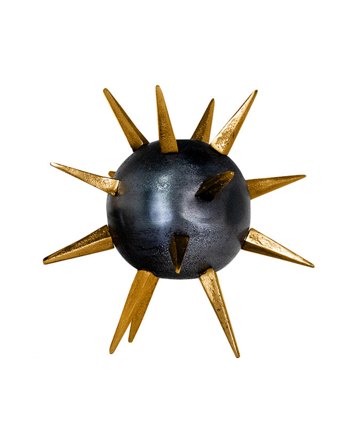 The Import Collection's Punk Candleholder features a dark metallic sphere with gold spikes, resembling a spiked mace. This edgy piece adds bold industrial style to any space and is shown against a white background.