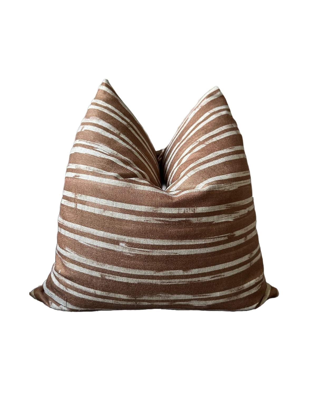 Brown pillow with white horizontal stripes by Faire, Radcliff 22x22, polyester-linen blend, modern accent.