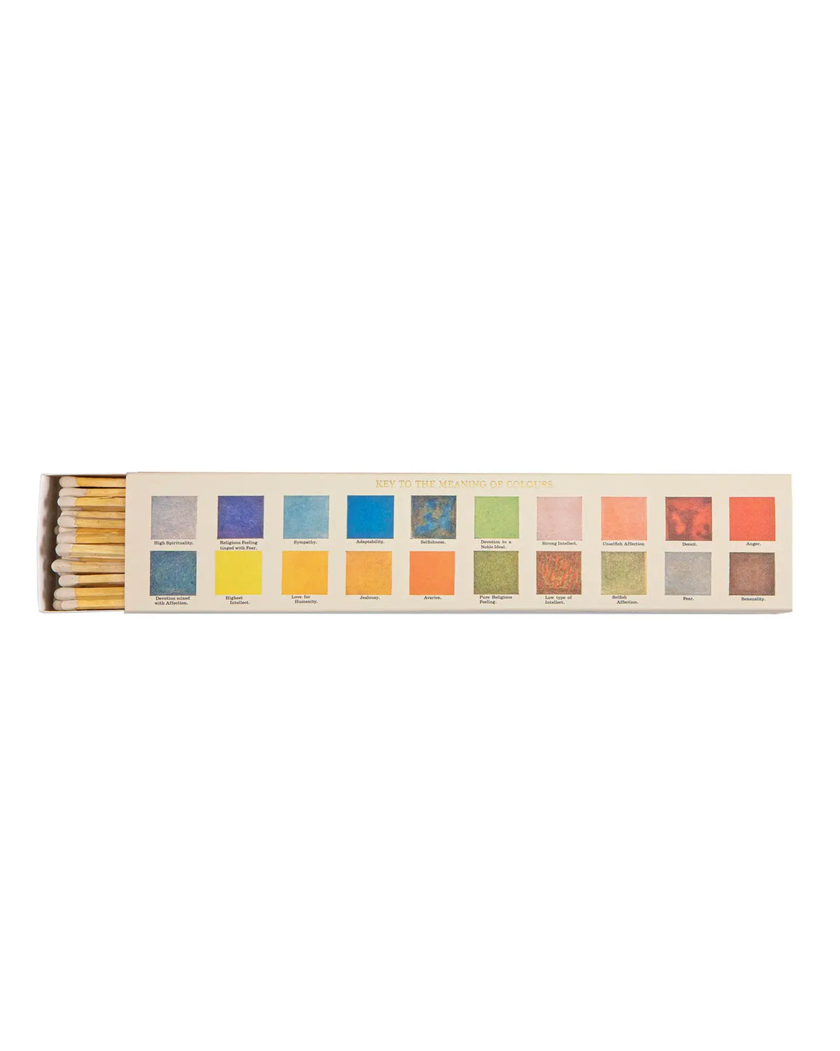 The Faire "Meaning of Color Long Matches" come in a long matchbox featuring extra-long matches on the left and a lid displaying a color chart labeled with names under "Key to the Meaning of Colours.