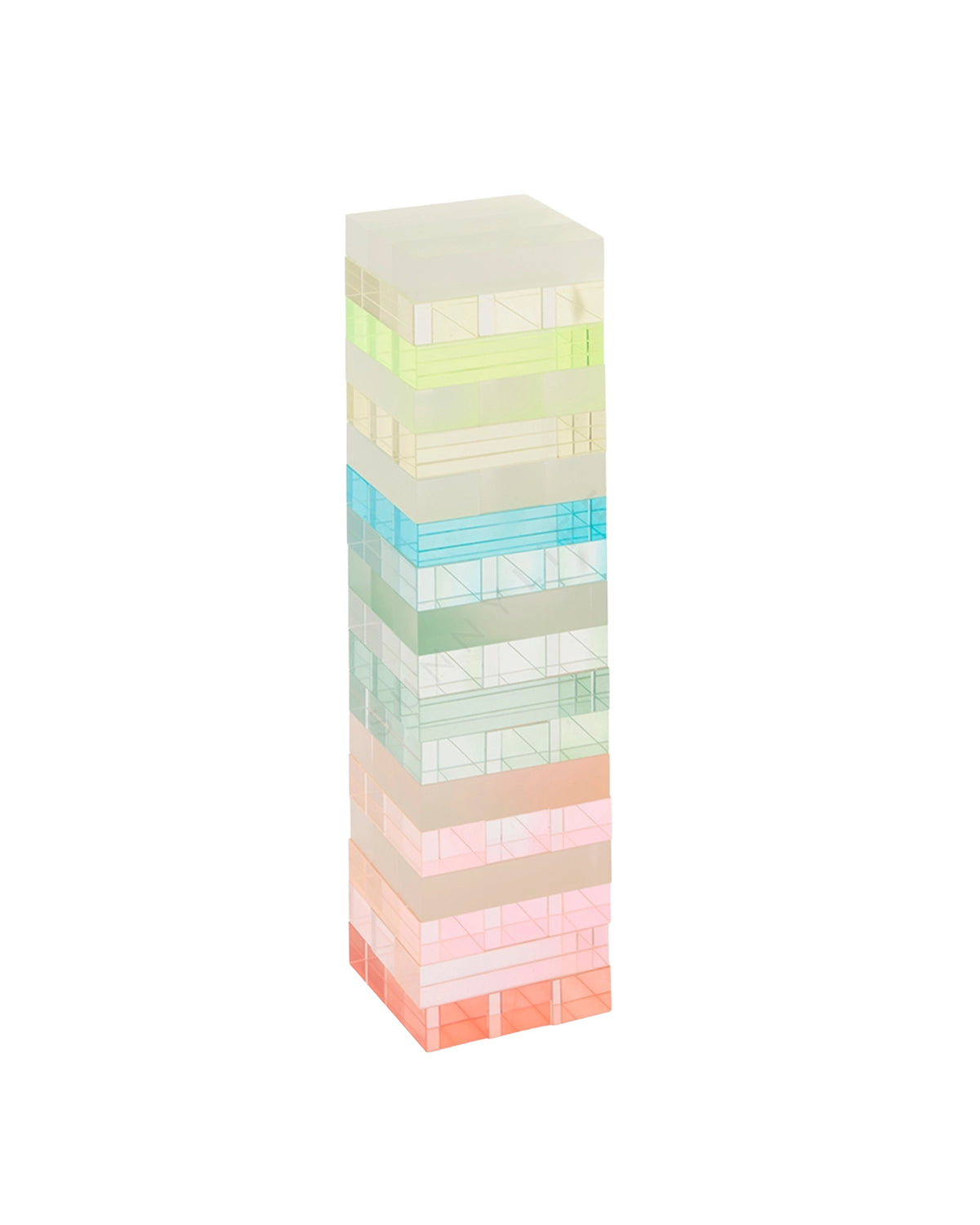 The Ombre Lucite Sherbert Jumbling Tower Stacking Game by Faire features translucent pastel blocks in green, yellow, blue, pink, and orange, stacked Jenga-style against a white background.
