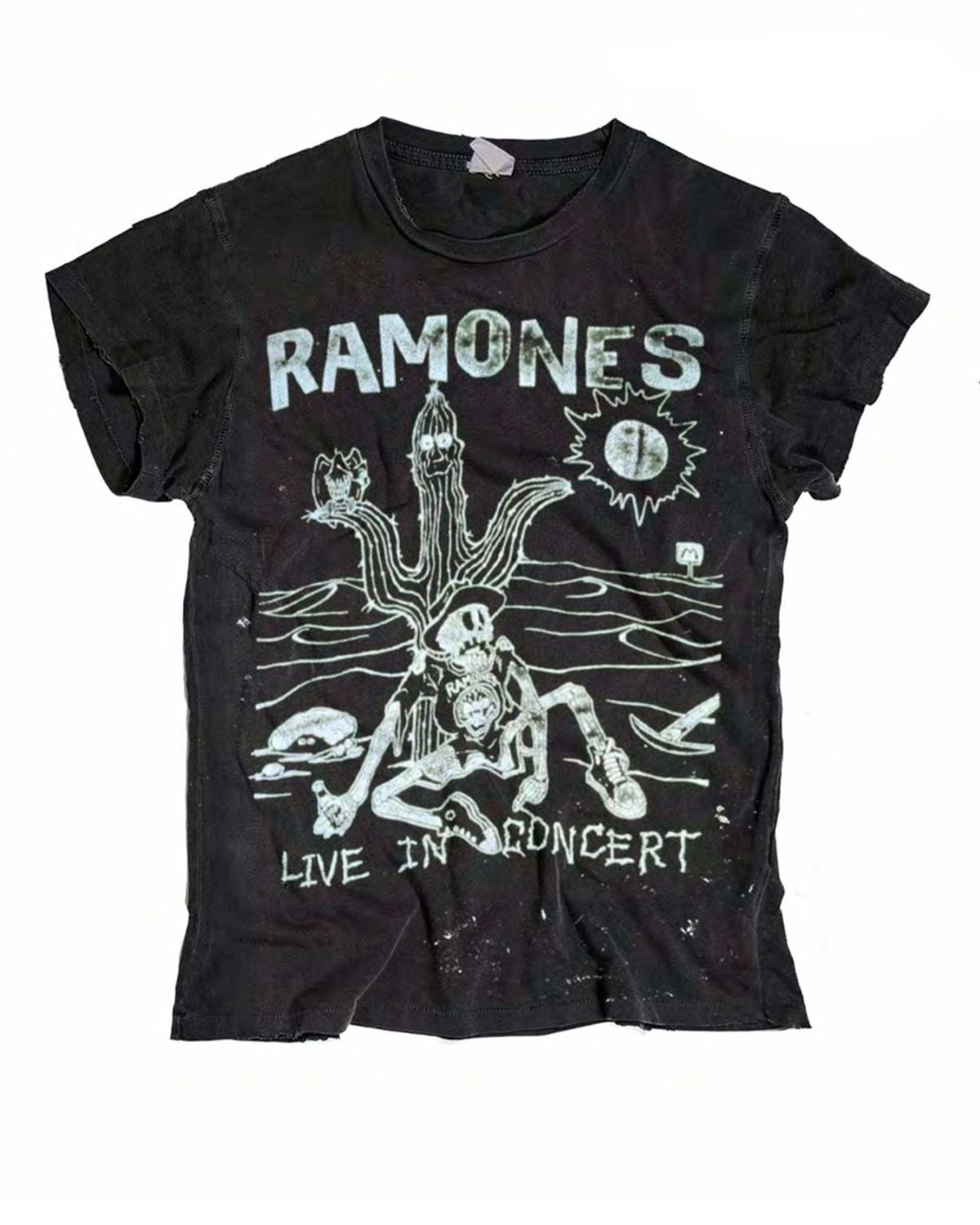 Vintage distressed black Ramones crew tee with a white live in concert skeleton graphic by Made Worn.